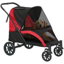 PawHut Hundewagen Hundebuggy klappbar für große Hunde & Katzen bis 30 kg Katzenbuggy mit Kissen Netzfenstern Türen Aufbewahrungstasche Katzenwagen mit Sicherheitsleinen, Bremsen, Buggy - Schwarz - Übersicht 10