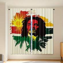 **Chill Reggae ** Style Curtains - Abstract Music Design With Sun, Palm Trees & Iconic Singer, Semi-Sheer Polyester, Machine Washable, Rod Pocket, Perfect For Spring Vibes, Living Room Decor - 彩色 - 查看 5