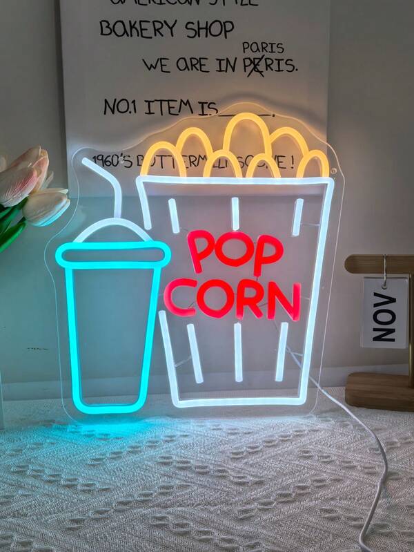 1 Peça Letreiro Neon Multicolorido de Pipoca, Luz Decorativa de Parede com LED Alimentada por USB, Perfeita para Lanchonete, Cinema, Bar, Clube, Cozinha, Quarto, Festa, Presente Ideal para Aniversário e Feriados