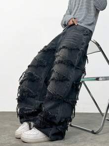 1件 Infinite Jeans 美国街头时尚男士拼接宽松舒适阔腿牛仔裤，四季皆宜的百搭牛仔裤（产品不含腰带和配饰） - 黑色 - 查看 8