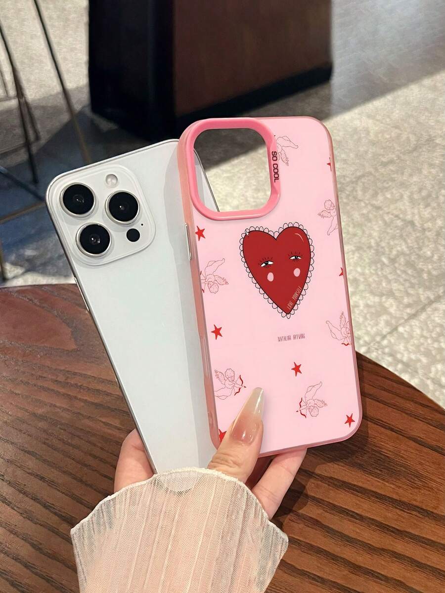 Estuche para teléfono con patrón de corazón y querubines compatible con estuches para teléfonos 17 16 Pro Max 15 Pro Max 13 y 12 Elegante, duradero y con un diseño único, un regalo perfecto para sus seres queridos, amigos y socios. - Rosa - Ver 1