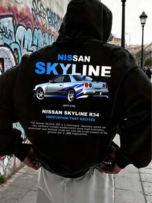 Hoodie With Nissan Skyline R34 Racing Car Pattern, Heavy, Comfortable Men's Hoodie, Loose And Casual, Suitable For Everyday Wear And Outdoor Activities, Street Style Hoodie, Men's Top For Autumn And Winter. - màu đen - Xem 1