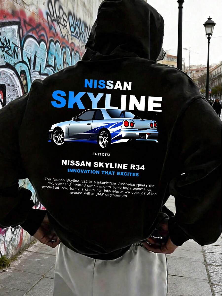 Hoodie With Nissan Skyline R34 Racing Car Pattern, Heavy, Comfortable Men's Hoodie, Loose And Casual, Suitable For Everyday Wear And Outdoor Activities, Street Style Hoodie, Men's Top For Autumn And Winter. - màu đen - Xem 1