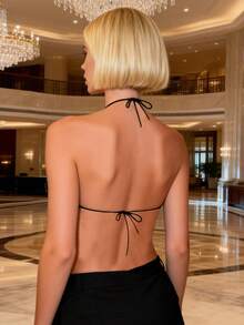 Women's Rhinestone Lingerie Tops Cute Sleeveless Backless Spaghetti Strap Halter Bra Tanks - Black - View 7