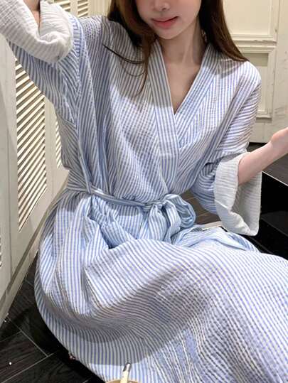 1pc Women's Bathrobe, Sleepwear, Casual Robe, Long Sleeve, Minimalist European Style, Blue Striped, Lightweight, Solid Color, Spring/Autumn