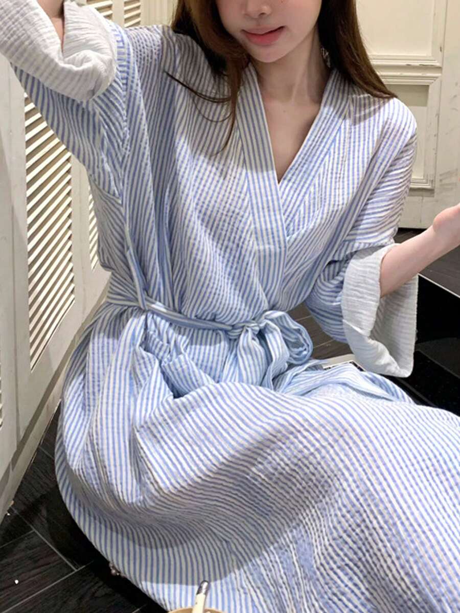 1pc Women's Bathrobe, Sleepwear, Casual Robe, Long Sleeve, Minimalist European Style, Blue Striped, Lightweight, Solid Color, Spring/Autumn - Blue and White - View 1