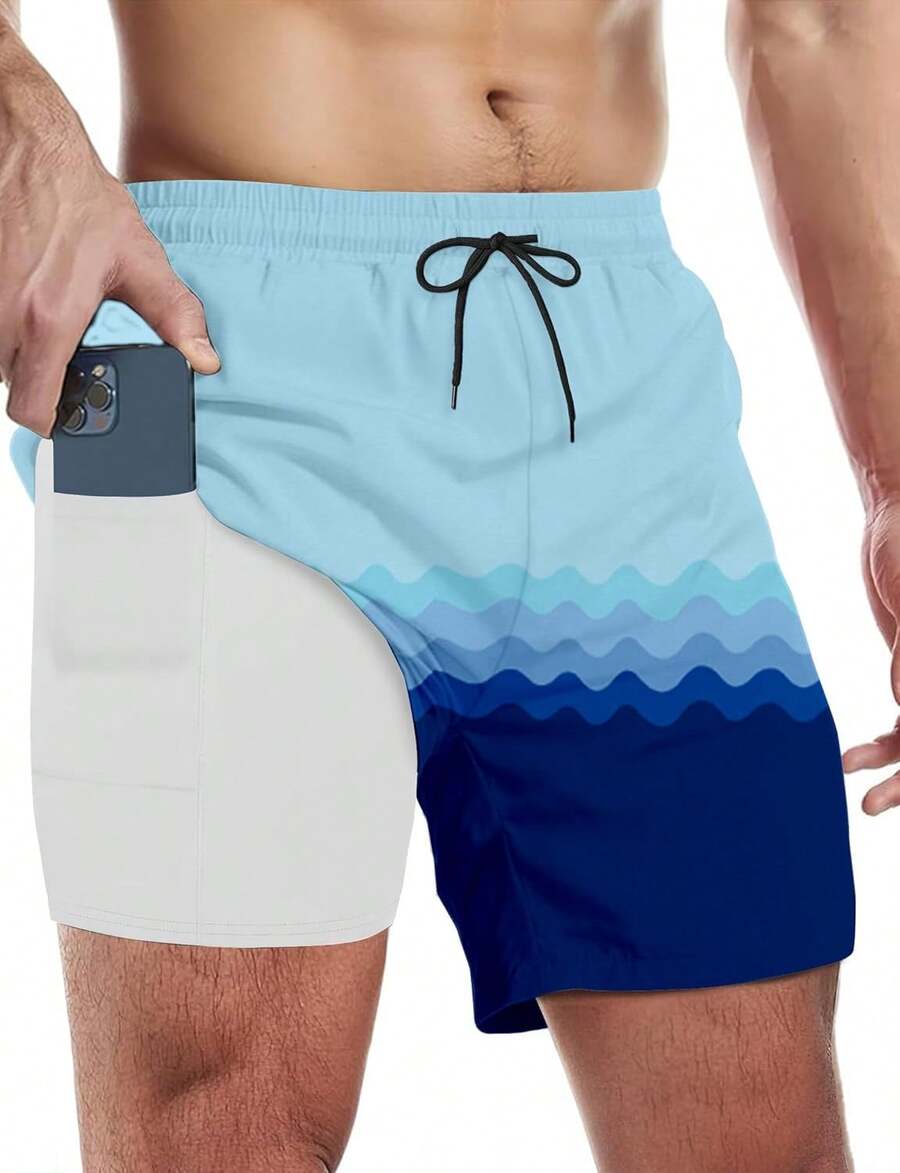 Mens Swim Trunks With Compression Liner 5 Inch Inseam Swim Shorts Quick Dry Mens Swimsuit Board Shorts With PocketsA Valentine's Day NIRT - Blue Gradient Wave - View 1