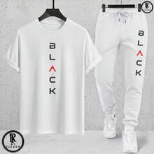 Men's Fashion Casual T-Shirt And Sweatpants Set - Black Cotton Knit + Sweatpants With Pockets - Art - Áo phông trắng Quần trắng - Xem 1