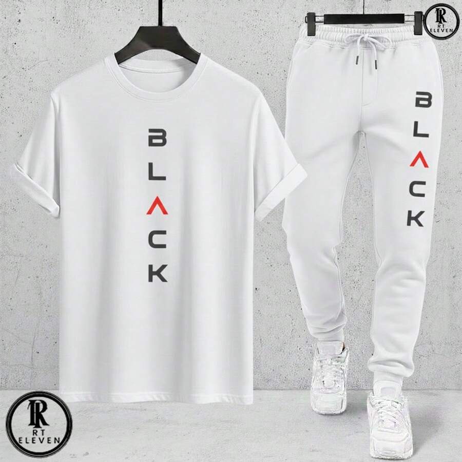 Men's Fashion Casual T-Shirt And Sweatpants Set - Black Cotton Knit + Sweatpants With Pockets - Art - Áo phông trắng Quần trắng - Xem 1