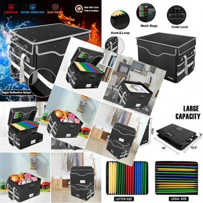 Fireproof Document Box With Lock File Storage Organizer With Mesh Pockets Collapsible Portable File Box Home Office  Filing Cabinet With Handle For Hanging Letter/Legal Folder Black