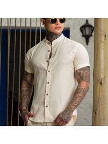 K027 Men's Linen Dress Shirt With Mandarin Collar - 米色 - 查看 1