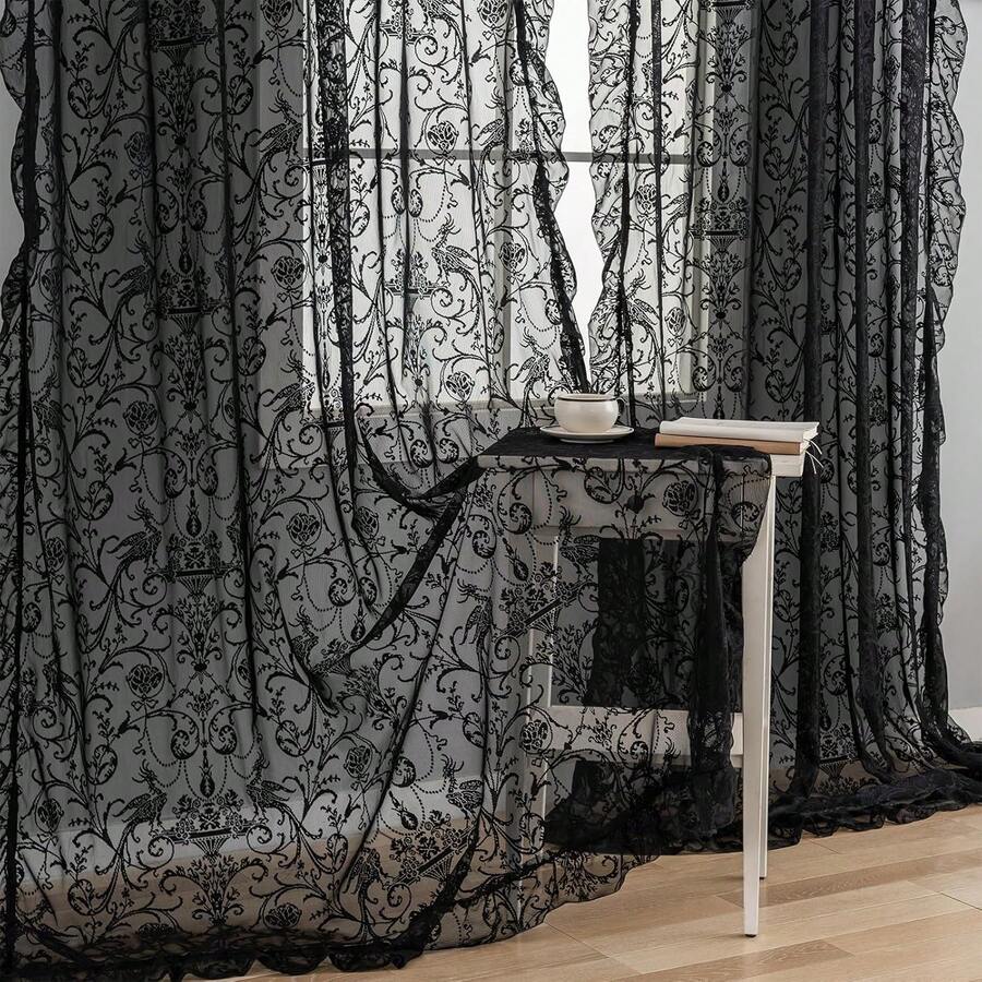 Green Sheer Curtains 108 Inch Long Living Room - Shabby Chic Floral Ruffled Curtains, Elegant Knitted Privacy Rod Pocket, Emerald Green, Spring/Summer, 1 Pair, 59 X 108 Inch - 黑色 - 查看 1