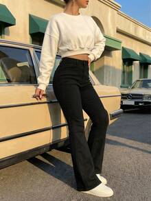 High-Waisted Flare Leg Jeans In Matte Black Denim, Versatile All-Match Style Suitable For Everyday Wear, Flattering And Retro - Black - View 3