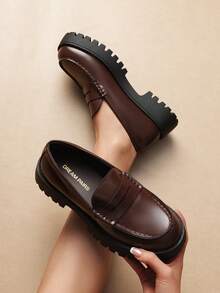 Women Platform Loafers 1.57-Inch Chunky Mid-Heel Flatform Loafer Round Toe Versatile Classic Casual Slip On Shoes, 2026 New Spring Summer Shoes - 棕色 - 查看 1