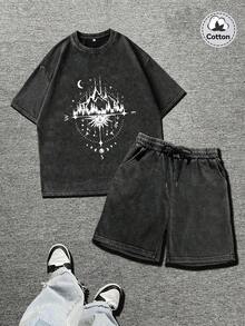 Ensemble de manches courtes pour hommes, élément nouveau de Ramadan, lavé vintage. Ensemble de manches courtes de mode de rue, motif intéressant Emo, lavé noir. Ensemble de manches courtes imprimé anglais, décontracté et cool pour le port quotidien. Ensemble de manches courtes en coton noir lavé, motif imprimé anglais, polyvalent et cool. Ensemble de style Y2K, adapté pour le port quotidien. - Noir - Voir 1