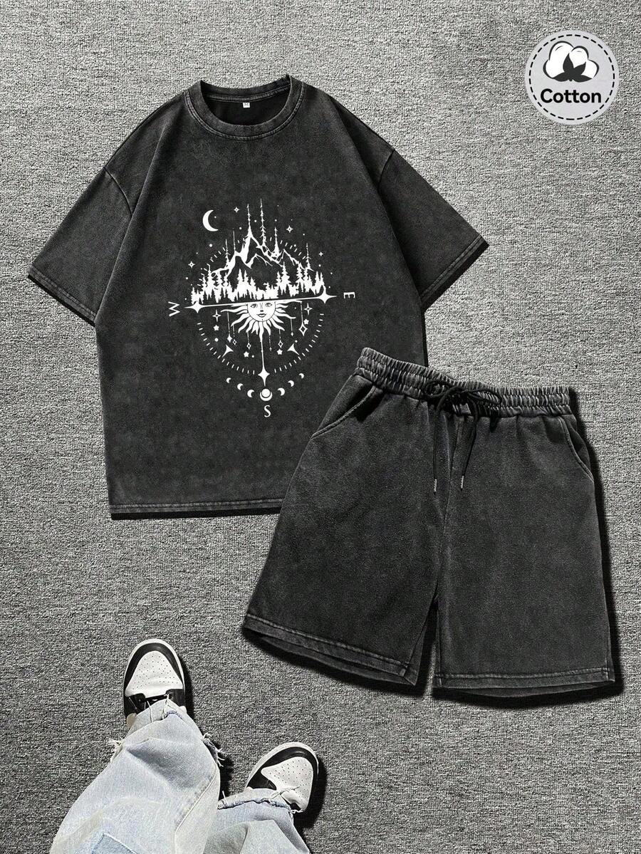 Ensemble de manches courtes pour hommes, élément nouveau de Ramadan, lavé vintage. Ensemble de manches courtes de mode de rue, motif intéressant Emo, lavé noir. Ensemble de manches courtes imprimé anglais, décontracté et cool pour le port quotidien. Ensemble de manches courtes en coton noir lavé, motif imprimé anglais, polyvalent et cool. Ensemble de style Y2K, adapté pour le port quotidien. - Noir - Voir 1