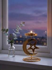 1Pc/Set Star And Moon-Themed Candle Holder. Made Of Bright Gold Metal Wire, It Is Crafted Into A Mesh Hollow Design. The Style Is Minimalist. Suitable For Decorating The Living Room Table Or Bedroom Vanity In A Light Luxury Retro Home, Creating An Atmosphere For Romantic Dinners Or Casual Tea Rooms; It Is Also Suitable For Holiday Decorations And Small Gatherings Featuring Star And Moon Cultural Symbols, Such As Eid. - Multicolor - View 9