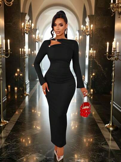 AIJ Amarilo Women's Elegant Business Dinner Date Party Long Collar Decorative Button Design Dress, The Latest Women's Elegant Design Dress In Autumn, Valentine's Day