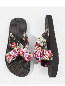 女士印花沙滩拖鞋，交叉绑带凉鞋，适合沙滩、度假、户外活动，四季皆宜