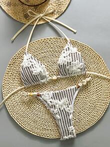 Bộ bikini hai mảnh gợi cảm hở lưng, cổ yếm, chất liệu ren hoa đặc biệt, đính hạt cườm, dành cho nữ, thích hợp cho kỳ nghỉ hè 2026. - màu nâu - Xem 4