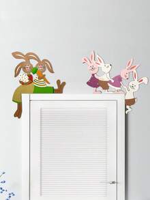 1 pieza Decoración de Pascua con tema de conejo y familia de madera, letrero colgante rústico para puerta, decoración de pared - Multicolor - Ver 7
