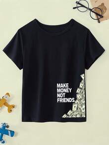 男童字母标语和美元图案印花短袖T恤，夏季款 - 黑色 - 查看 1