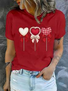 Camiseta casual para mujer, con estampado de corazón de cómic para el Día de San Valentín, suelta y cómoda, Camiseta del Medio Tiempo 2026 - Rojo 2 - Ver 11