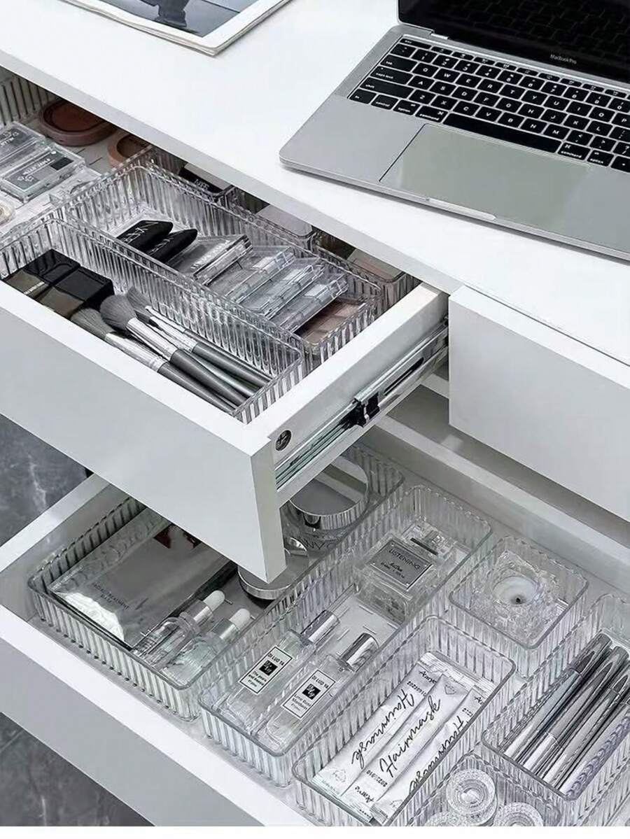 7/8个透明塑料抽屉收纳盒，可自由组合的储物托盘，适用于存放化妆品、珠宝、餐具、小工具等。