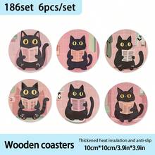 Black Cat Design Wooden Coasters For Home Dining Table - Non-Slip Decorative Drink Coasters, Suitable For Coffee And Tea Cups, For Home And Cafe Use, Holiday Gift For Friends, Suitable For All Seasons - Wooden Board-circle Coaster - View 9
