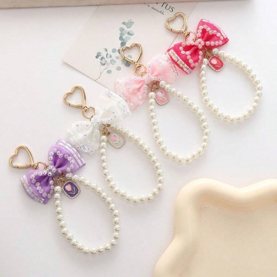 Beaded Butterfly Decor Keychain - Bow Pearl Pendant - View 1