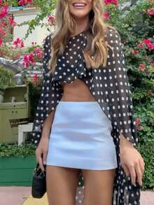 女士雪纺披肩斗篷网纱透视斗篷上衣披肩，适合晚礼服、婚礼派对等场合；女士黑色波点透视上衣 | 长袖开衩斗篷短款上衣，适合派对和T台造型 - 黑色 - 查看 3