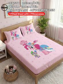 MY LITTLE PONY 2/3pcs  Printed Bedding Set, Including Fitted Sheet, Mattress Protector, Soft & Breathable, Suitable For All Seasons, Available In Multiple Sizes For Twin/Full/Queen/King Beds, Machine Washable, Cartoon Character Design, Warm Room Decor, Great Gift, Pink, OEKO-TEX Certified - Multicolor - View 16
