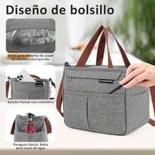 FUWEN Gran Capacidad Bolsa del Almuerzo, Bolsas Térmicas para Hombres y Mujeres Reutilizable, con Correa, Tenedor, Cuchara, Cristales Hielo, Forro a Prueba de Fugas, para Picnic, Trabajo, Camping - Gris - Ver 4