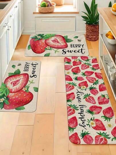 1件夏季草莓清新设计水晶绒地毯，长款门垫，易于清洁的厨房垫，适用于玄关、厨房、洗衣房、浴室等场所。