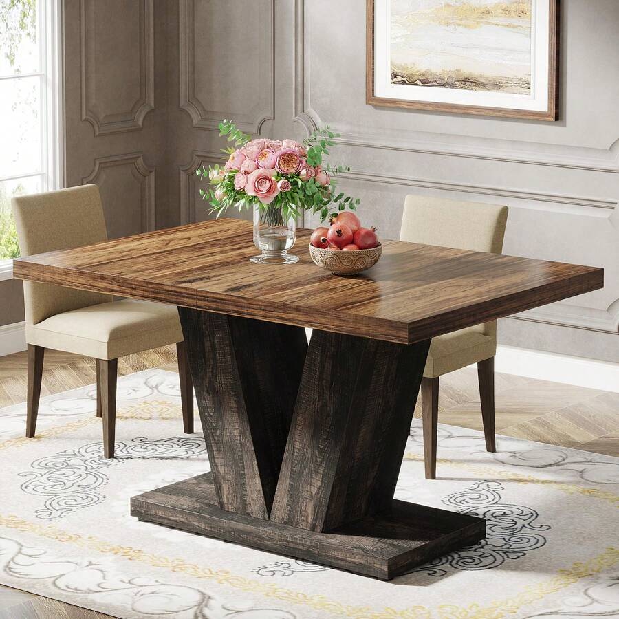 Tribesigns Tavolo da pranzo per 4 persone, tavolo da cucina nero da 120 cm con base stabile, tavolo da pranzo in stile rustico per casa, sala da pranzo, piccoli spazi, nero e marrone - Castano - Visualizzare 1