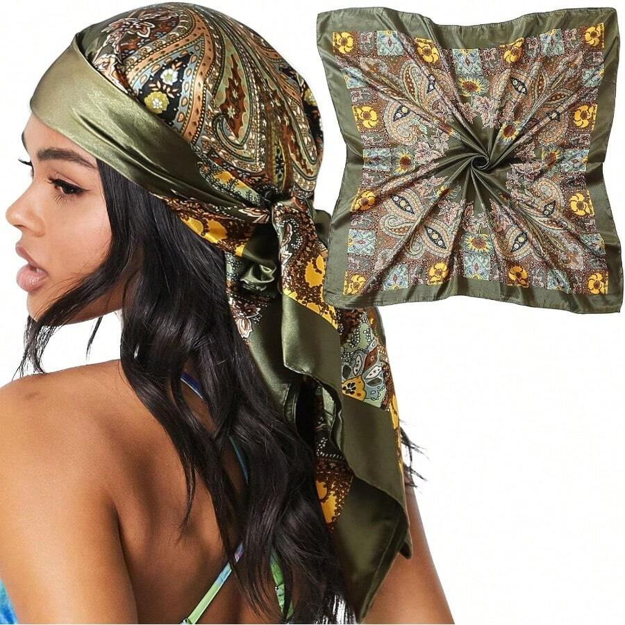 35" Large Satin Head Scarf For Women Silk Hair Scarf Solid Color Hair Bandana For Night Hair Wrap Sleeping - màu xanh lá - Xem 1