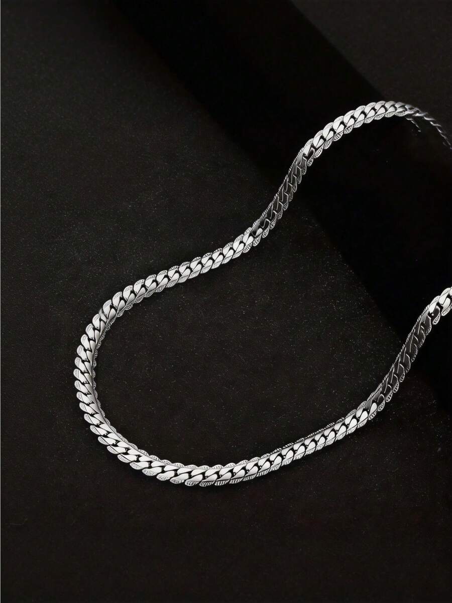 Fashionable Men's Stainless Steel Embossed Necklace, Hypoallergenic And Fade-Resistant, Men's Holiday Gift, Suitable For Casual Wear, Non-Fading Double-Sided Embossed Titanium Steel Cuban Link Chain, Fashionable Unisex Hip-Hop Style Flat Clavicle Chain