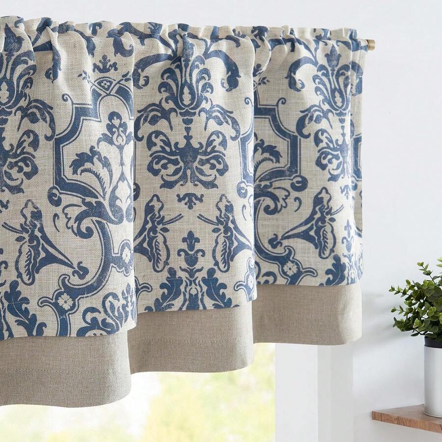 Linen Valance Kitchen Curtain Double Layer 16 Inch Living Room Bedroom Bathroom Window Treatment Blackout Vintage Rustic Farmhouse Cottagecore Rod Pocket 1 Panel On Beige - 巴洛克 | 深藍色 - 查看 1