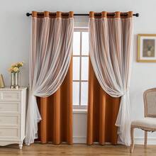Blackout And Sheer Layered Solid Window Curtain Panel Pair With Grommet Top, 52Wx63L, Orange - Anytime Use - 橘子 - 查看 1