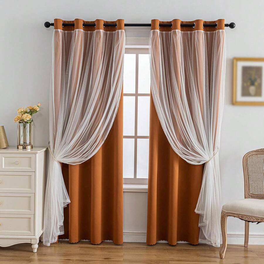 Blackout And Sheer Layered Solid Window Curtain Panel Pair With Grommet Top, 52Wx63L, Orange - Anytime Use - 橘子 - 查看 1
