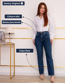 Calça Jeans Feminina Reta Sawary Original Lycra Elastano Cintura Alta Bolsos Funcionais Tradicional Confortável - Azul - Visão 3