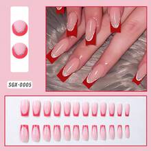 24Pcs Medium Square French Tip Press On Nails Medium Heart Pattern With Glitter Fit Perfectly Acrylic False Nails Set,Contain 1Pc Jelly Glue And 1Pc Nail File,Easy To Wear Acrylic Fake Nails Art French Tip Nail For Woman Girl Daily Work Festivals Party Use Nail Supplies Nails - 紅色 - 查看 6