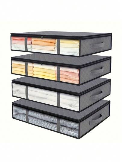 4个/2个/1个黑色无纺布床底收纳盒，透明被子收纳袋，大容量衣物收纳整理袋