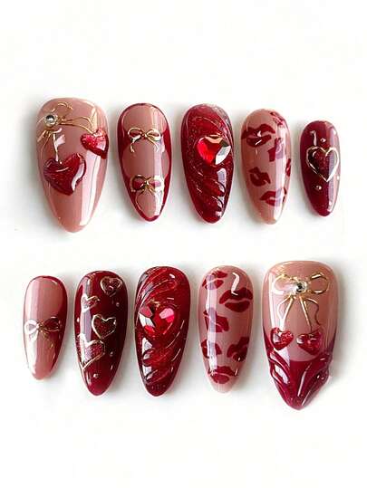 Valentine's Day Red Lip Acrylic Nails, 10pcs Cat Eye Holographic Medium Almond Shaped Nail Stickers, Y2K Red 3D Faux Nail Set With Gold Bow/Heart/Cherry/Diamond Decor, Suitable For Nail Salons, Girls & Women For Daily Wear, Festivals, Parties And Gifts