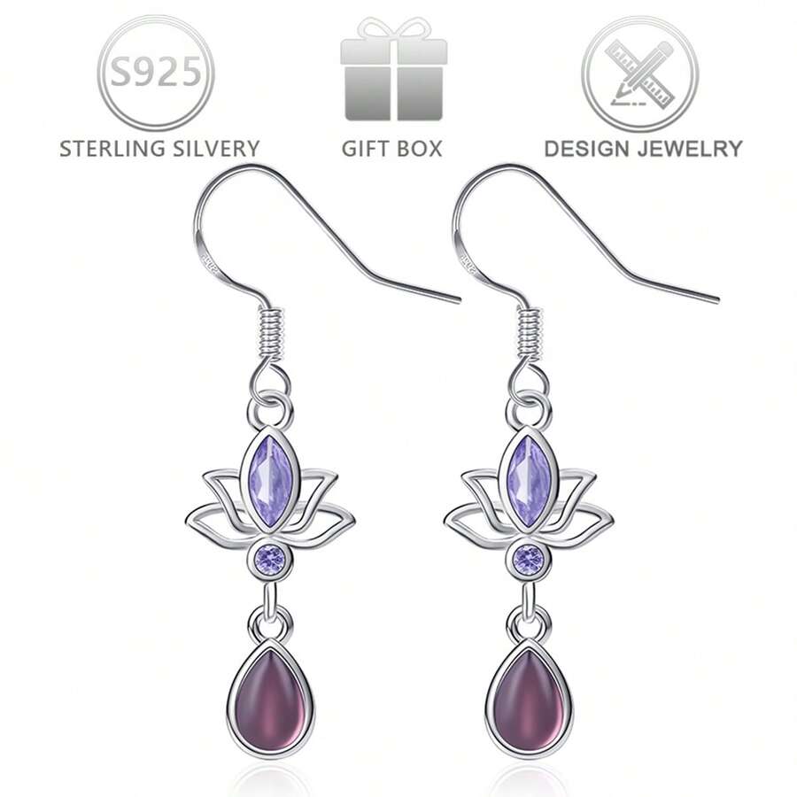 1 Pair 925 Sterling Silver Minimalist Design Cubic Zirconia Lotus Flower Drop Earrings For Women, Suitable For Casual, Holiday, Birthday, Valentine's Day Gift - Silver - View 1