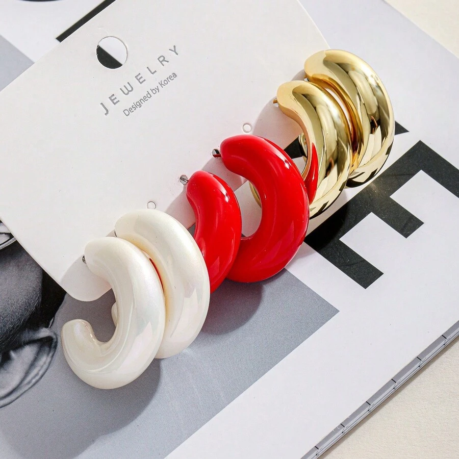 3 Pairs Fashionable Minimalist CCB Braided Shape Colorful Earring Set, Suitable For Daily Wear Or Festivals - Multicolor - View 1