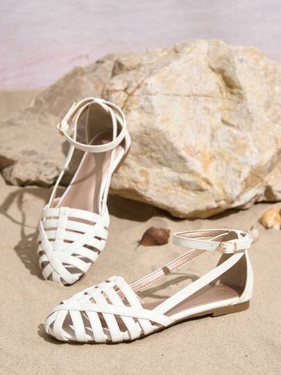 Women's Flat Sandals With Hollow Toe, T-Strap, Ankle Strap, Hollow Flat Sandals, Faux Leather, Comfortable, Multiple Straps Woven Sandals, Outdoor/Vacation, Non-Slip Flat Sandals, Closed Toe, Fishnet, Breathable Sandals For Women, Flat Sandals For Summer