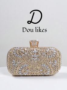 优雅女士水晶装饰晚宴手拿包，奢华闪亮盒形手提包，适合婚礼、庆典、正式场合、派对包、单肩包、斜挎包，完美搭配女士舞会礼服、舞会配饰、亮片礼服、闪亮礼服、优雅女士连衣裙、优雅舞会包，是婚礼派对的理想之选。 - 香檳色 - 查看 1