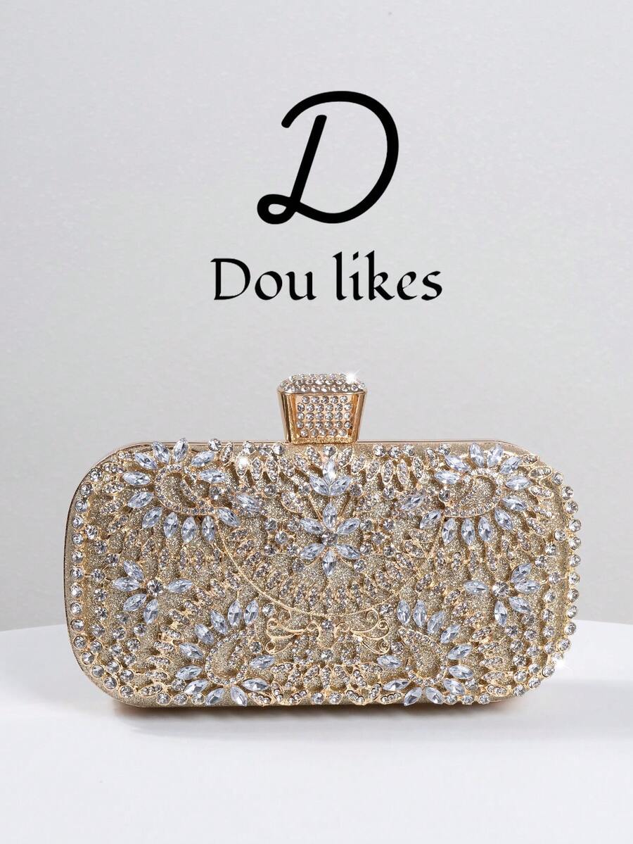 优雅女士水晶装饰晚宴手拿包，奢华闪亮盒形手提包，适合婚礼、庆典、正式场合、派对包、单肩包、斜挎包，完美搭配女士舞会礼服、舞会配饰、亮片礼服、闪亮礼服、优雅女士连衣裙、优雅舞会包，是婚礼派对的理想之选。 - 香檳色 - 查看 1