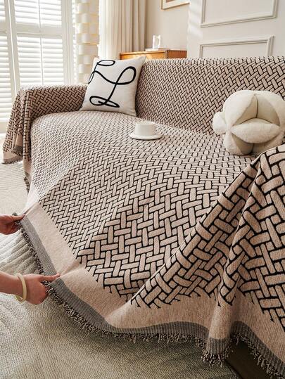 1pc Solid Color Sofa Towel Cover, Chenille Tasseled Sofa Slipcover Suitable For Living Room, Bedroom, Office, Home Decor, For 1/2/3/4 Seater Sofas